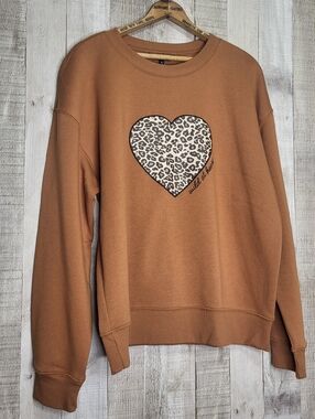 George Leopard Heart Pullover Sweatshirt - Rust Brown. Wild At Heart. XL